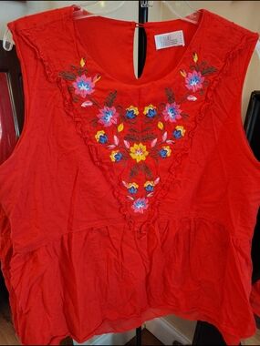Time and Tru Red Sleeveless Embroidered Peplum Camisole